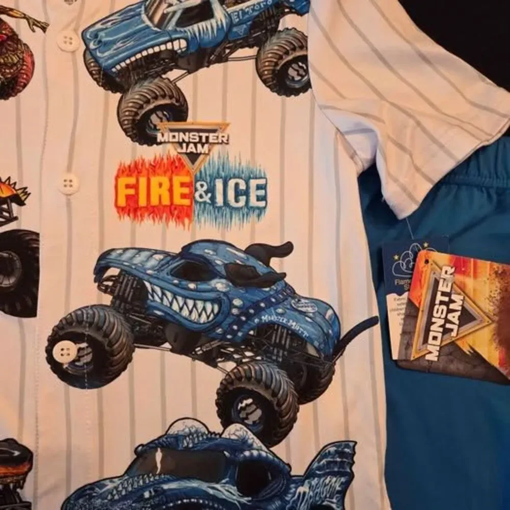 Monster Jam boys Medium 8 jersey style button down shirt and shorts set new
